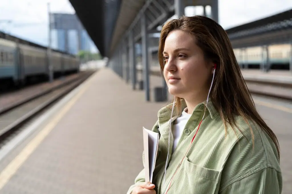 Texto alternativo: Jovem mulher brasileira com mala de viagem em estação de trem europeia, pronta para aventura Au Pair