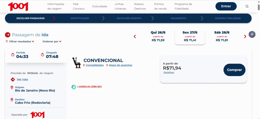 Imagens de tela contendo valor da passagem na Autoviação 1001 no dia 26/06/2025