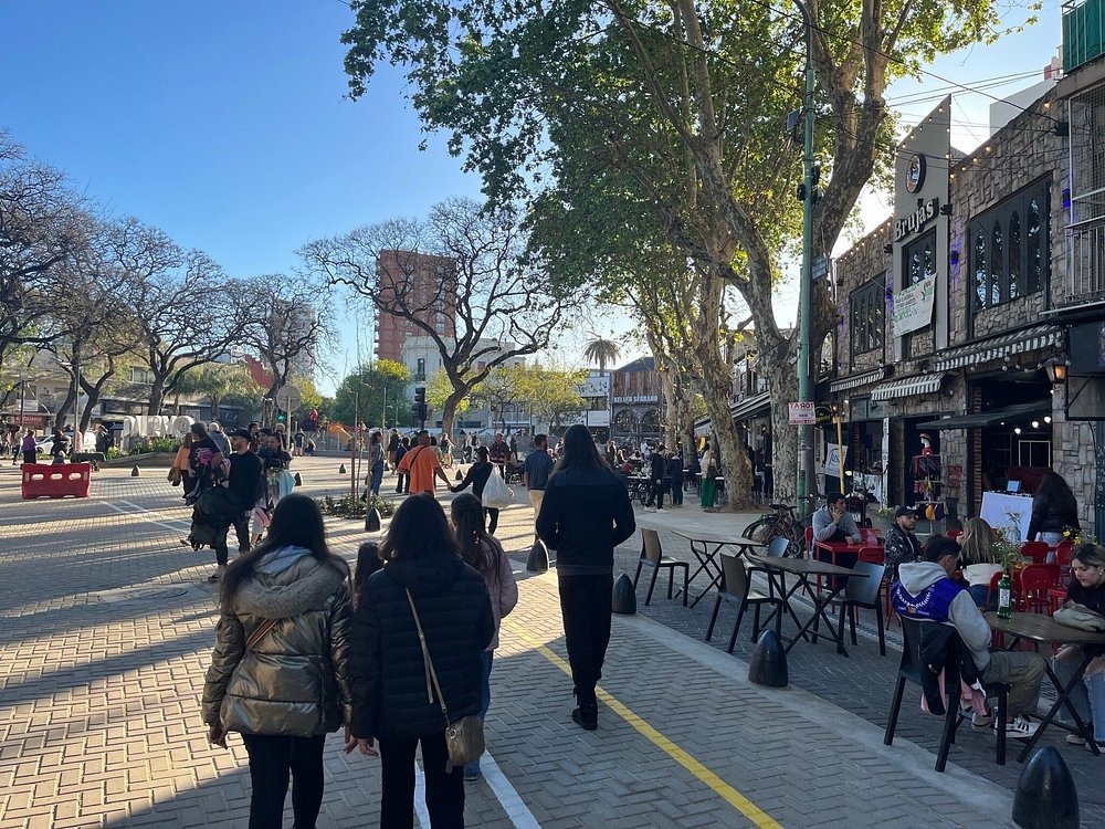 Rua arborizada e movimentada em Palermo Soho, Buenos Aires, com pessoas caminhando e cafés ao ar livre em um dia ensolarado.