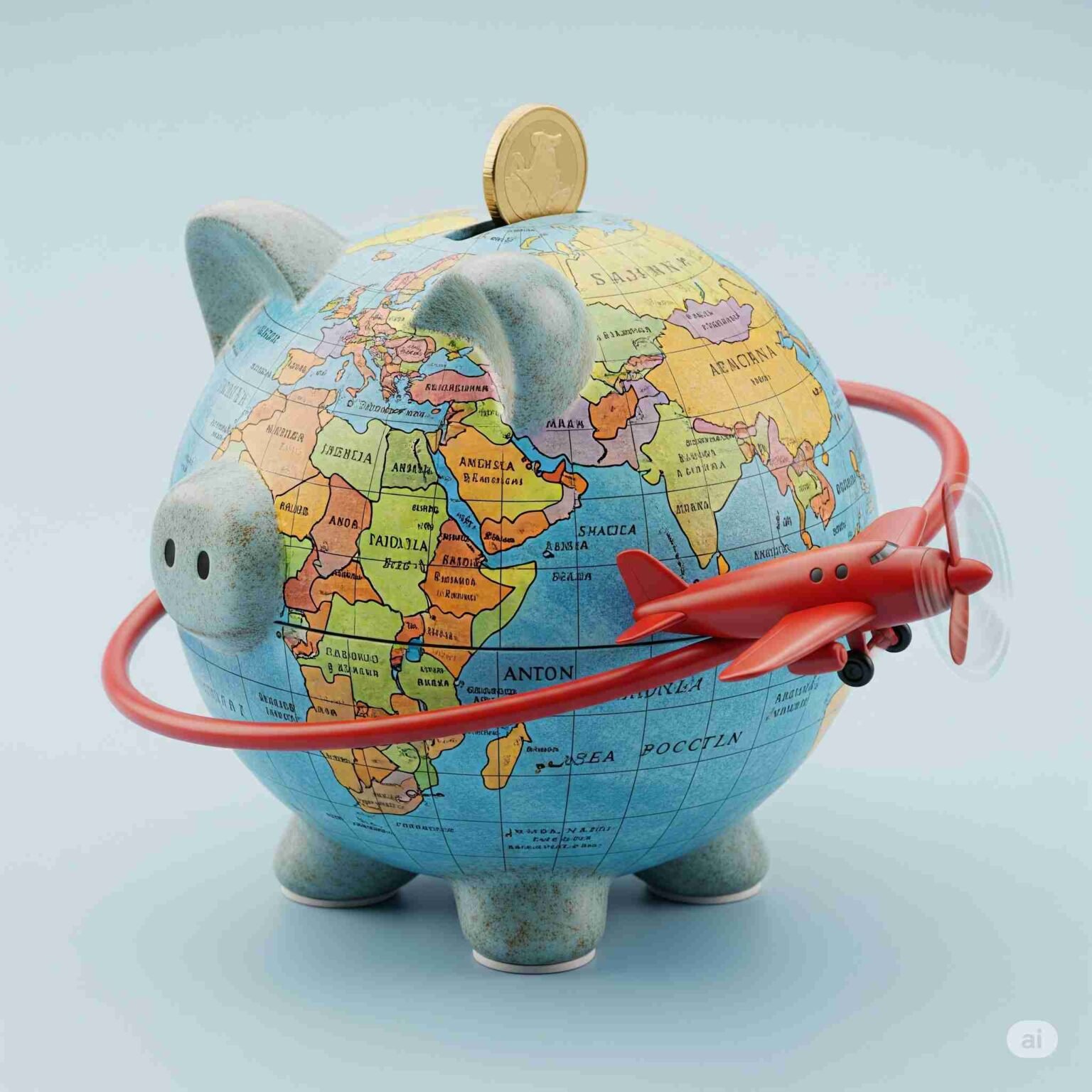 Cofrinho formato globo terrestre com avião vermelho representando hospedagem barata dicas secretas para economizar em viagens pelo mundo