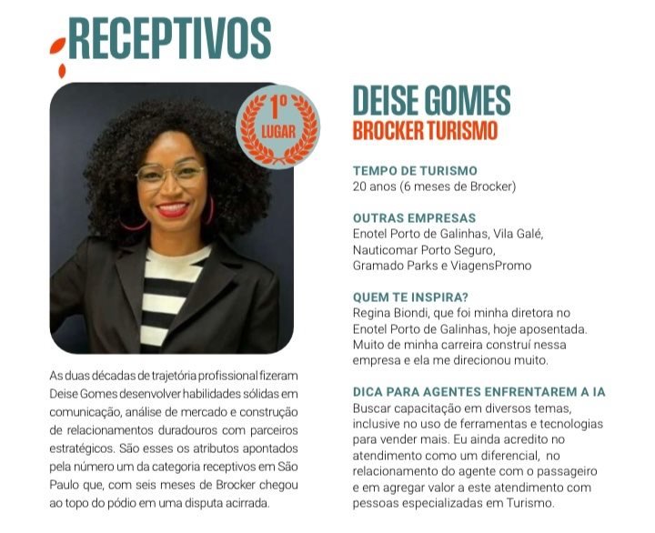 Deise Gomes, da Brocker Turismo, lidera prêmio de Melhor Promotora de Receptivos em São Paulo - Imagem do artigo original